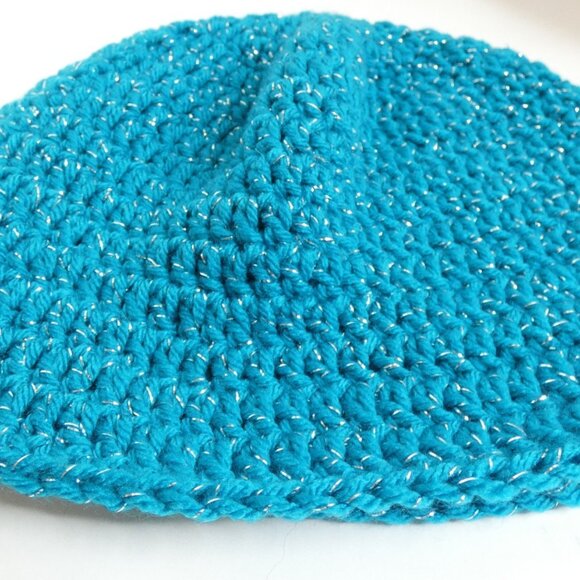 Sparkling Blue Skull Cap OS Handmade Crochet Hand Knit Warm Beanie Hat NWT - Picture 7 of 7